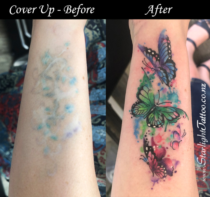 Tattoo cover-up layered over laser-faded ink, symbol of renewal