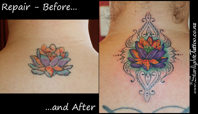 Lotus tattoo repair symbolizing renewal and serenity