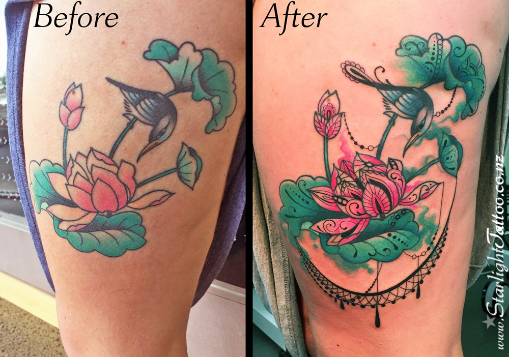 Tattoo modification blending past elements into a new composition