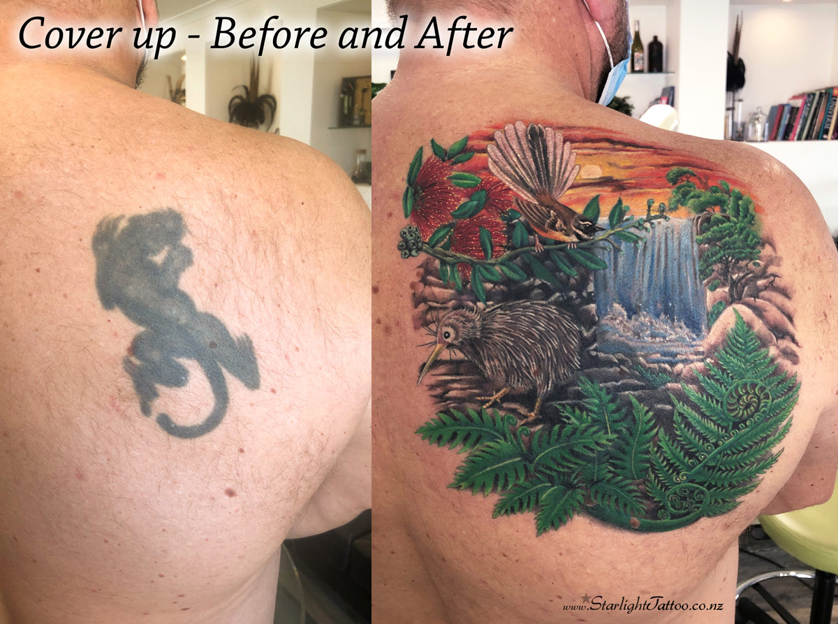 NZ bush tattoo cover-up featuring native foliage and natural textures