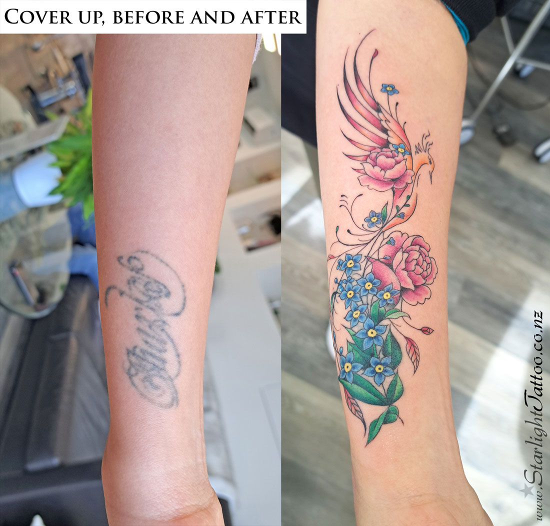 Phoenix tattoo cover-up with fiery wings