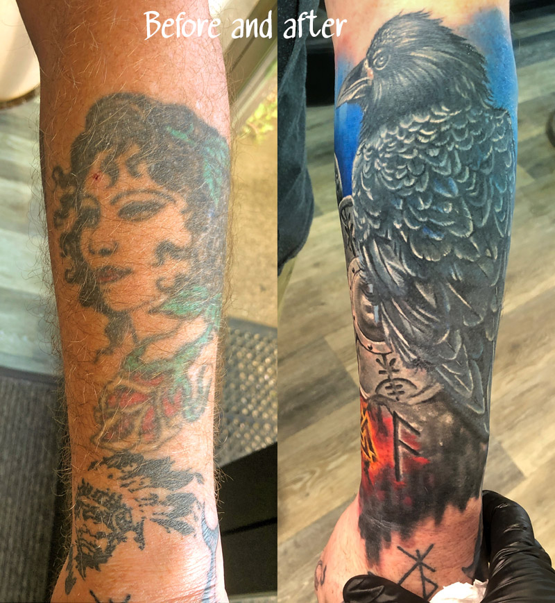 Tattoo of a raven, steeped in mystery and ancient knowledge