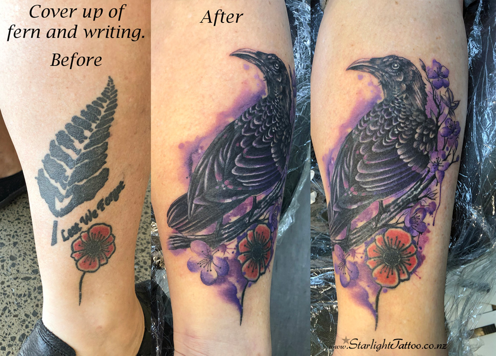 Raven tattoo restoration with watchful gaze
