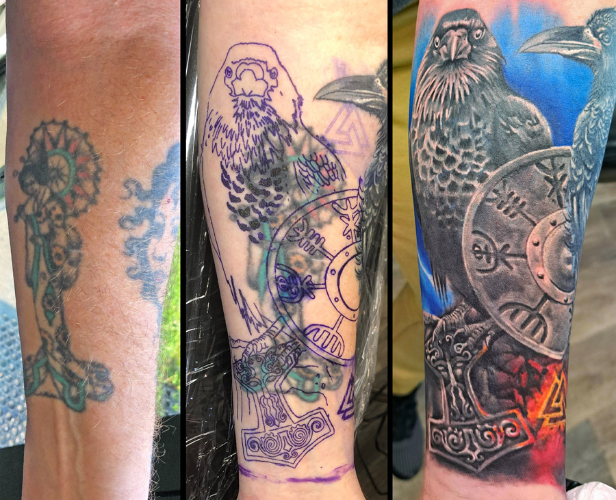 Cover up tattoo with two ravens, guardians of secrets and story