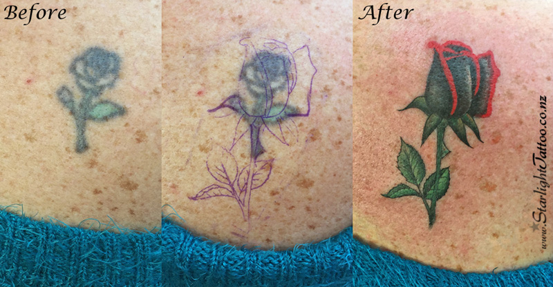 Rose tattoo cover-up with layered petal shading
