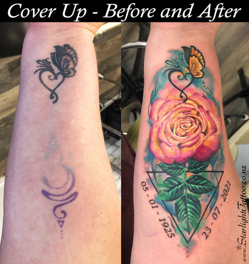 Rose and triangle tattoo merging natural beauty with geometric form