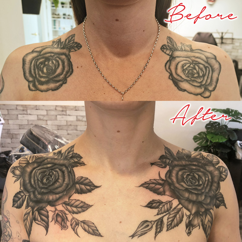 Tattoo of roses blooming across the chest, symbol of beauty and courage