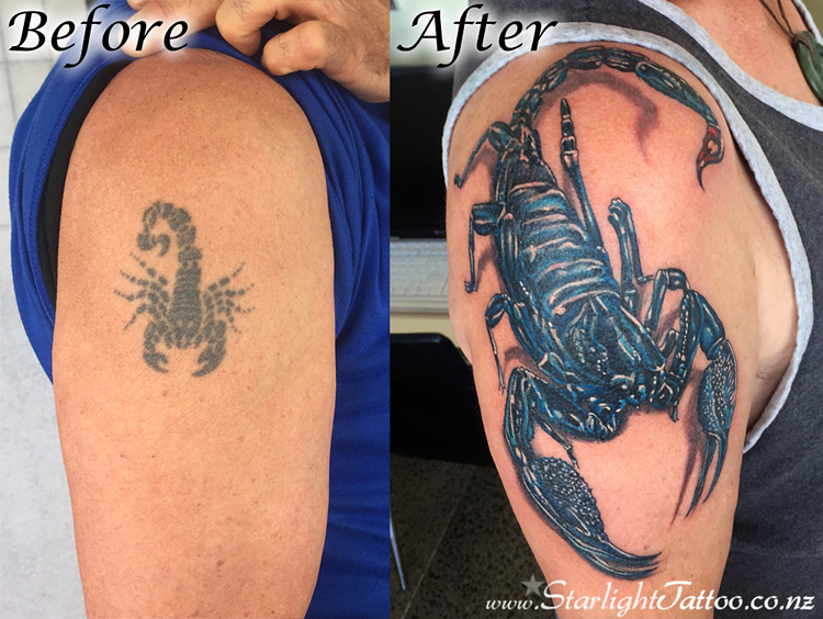 Scorpion tattoo cover-up with detailed claws and tail