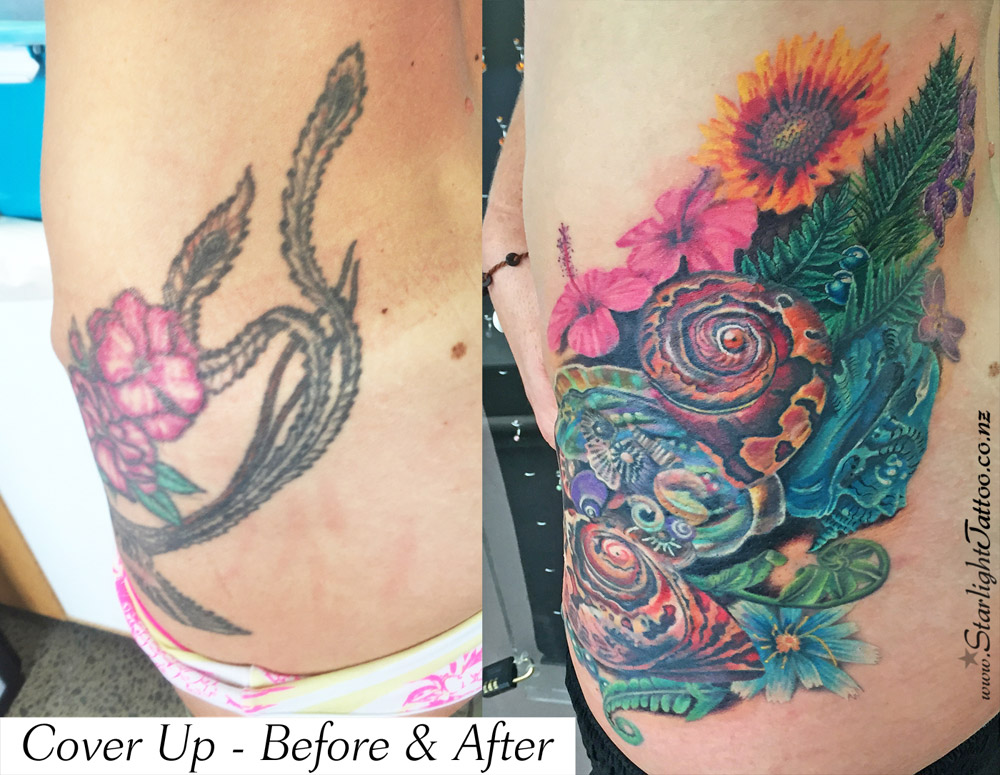 Restored seashell tattoo with flowing linework