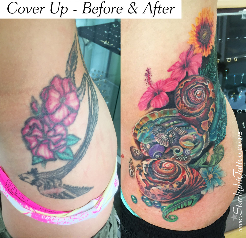 Seashell tattoo cover-up in Auckland with soft ocean tones