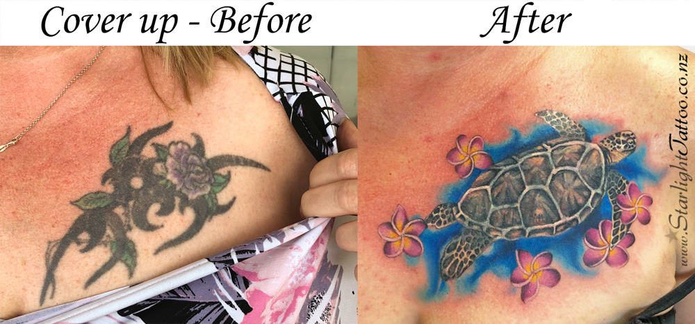 Sea turtle cover-up tattoo with ocean blues