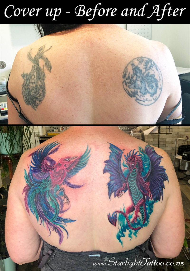 Shoulder tattoo cover-up blending past designs into new forms