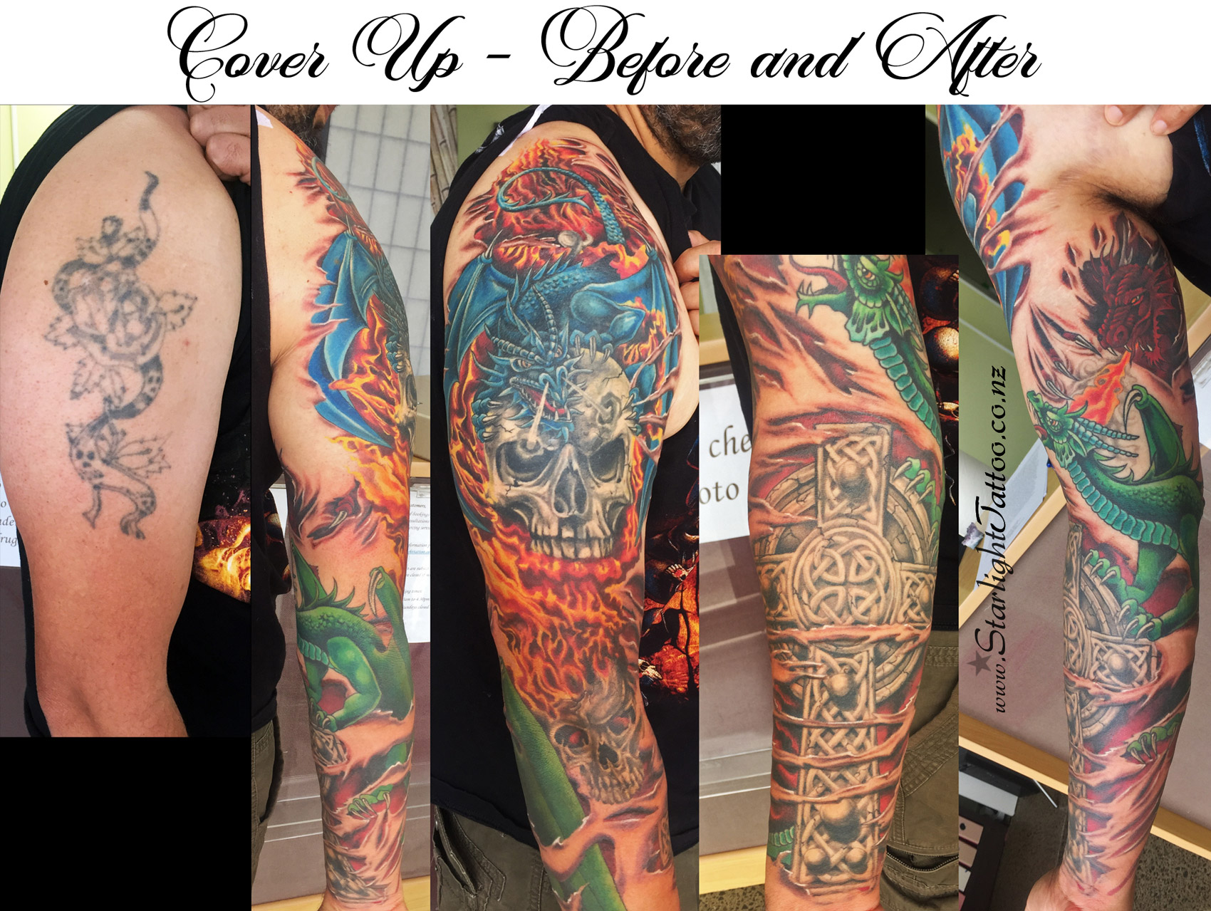 Skull and dragon tattoo reworked with intricate shading