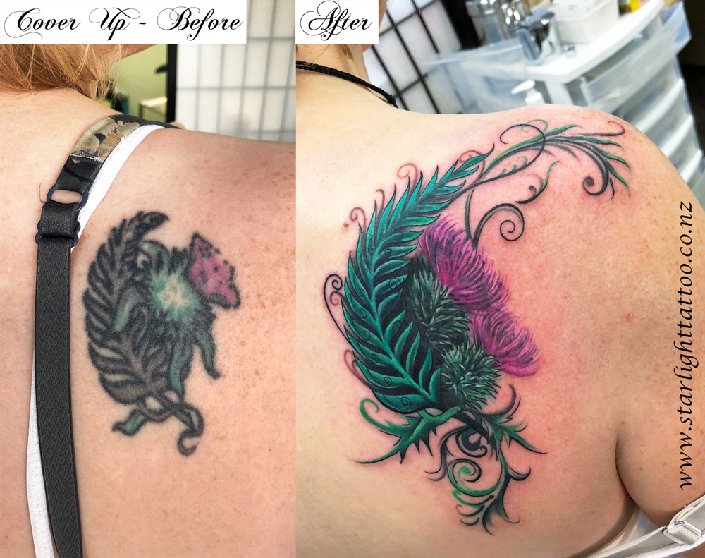 Thistle cover-up tattoo representing resilience and protection