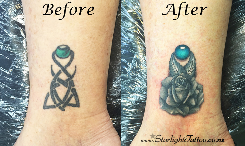 Tribal tattoo cover-up transformed into a blooming rose