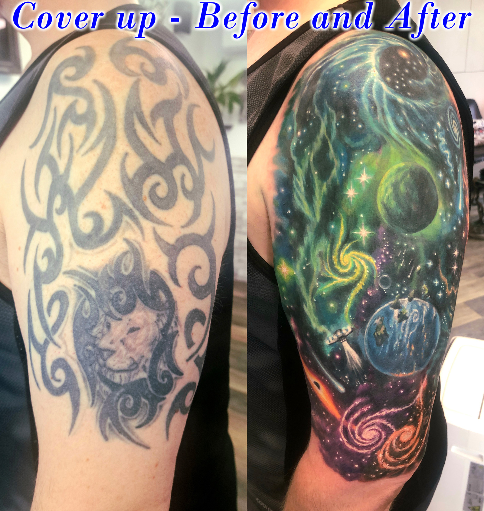 Before and after of a custom galaxy tattoo cover-up concealing a tribal tattoo.