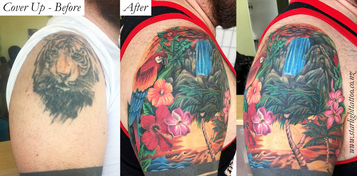 Tropical tattoo cover-up with bright florals and warm tones