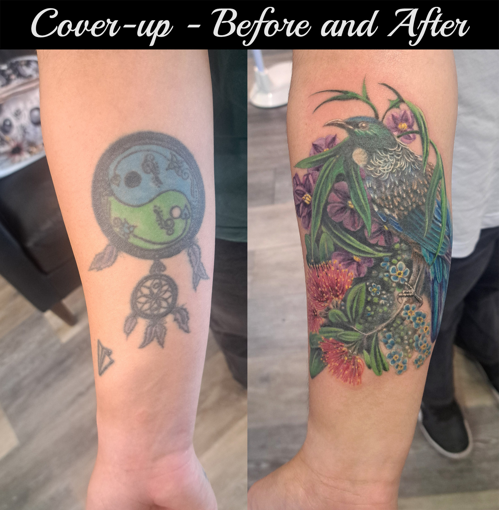 Tui, pohutukawa, poroporo and kopakopa tattoo cover-up