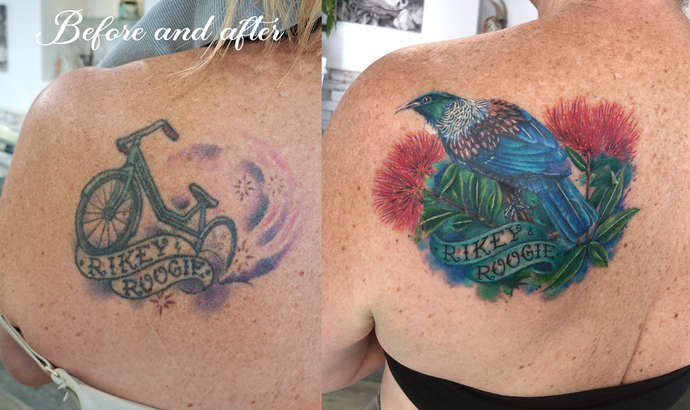 Tui bird cover up tattoo honoring New Zealand nature and cultural spirit