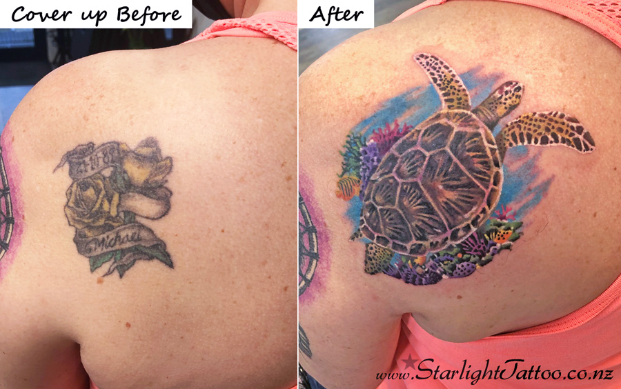 Turtle tattoo cover-up with flowing ocean-inspired shapes