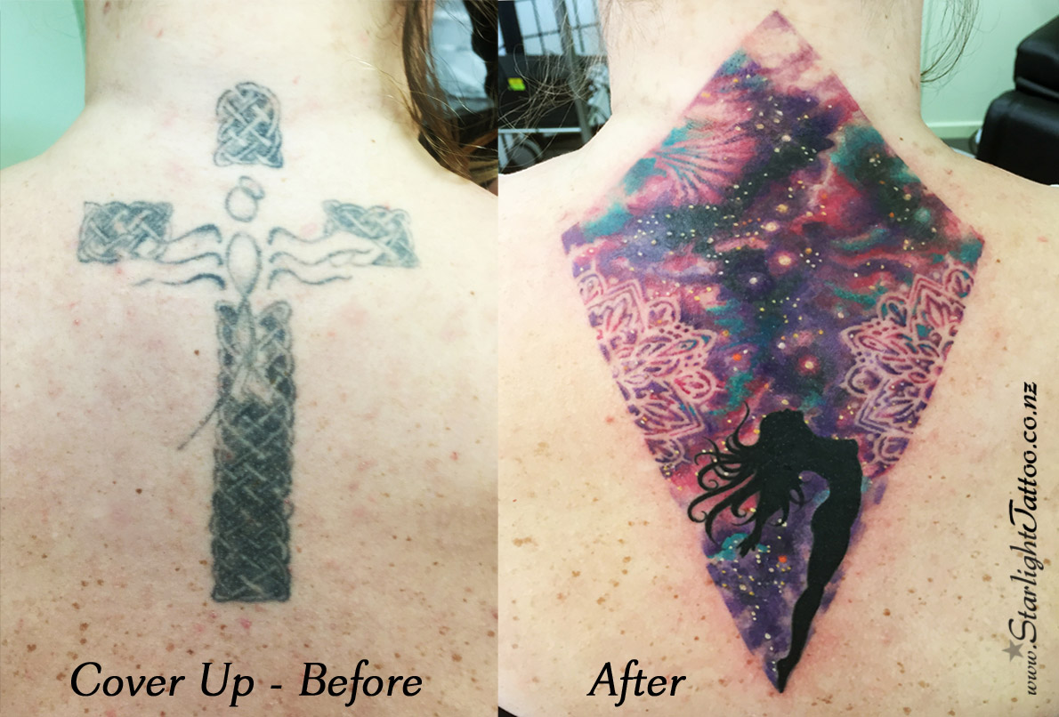Universe cover-up tattoo with stars, planets, and cosmic colour