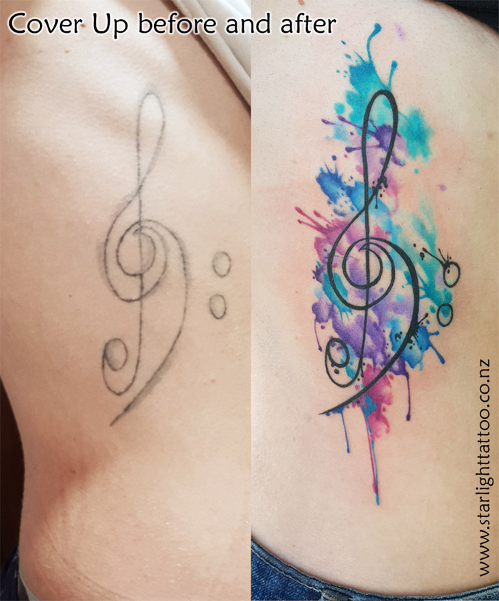 Watercolor treble clef tattoo echoing sound and artistic flow