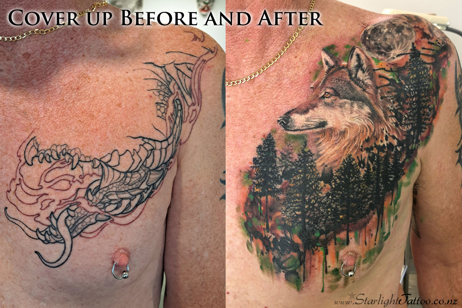 Wolf tattoo set against a detailed forest backdrop
